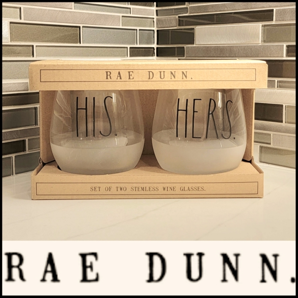 RAE DUNN. His/Hers Stemless Wine Glasses (set of 2)